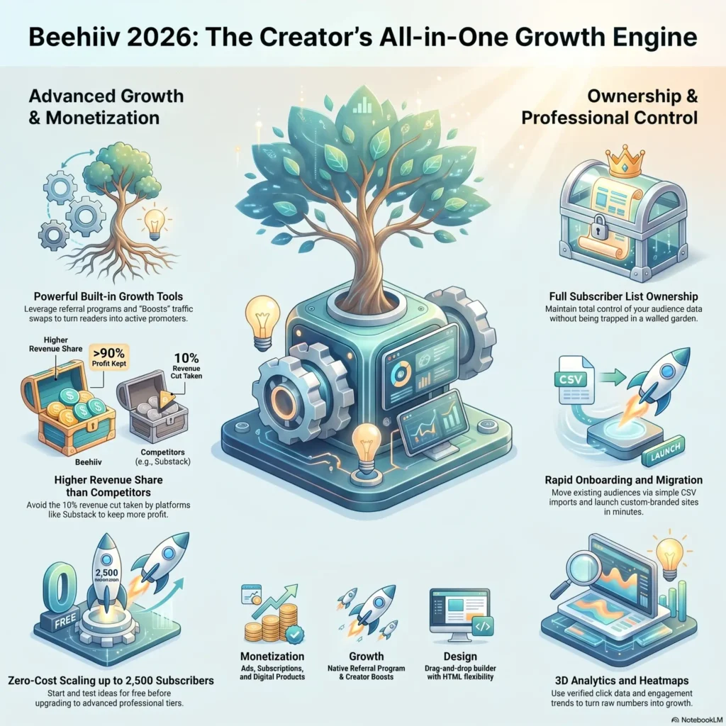 Beehiiv 2026 creator growth engine infographic showing key features including referral growth tools, higher revenue share over competitors like Substack, zero-cost scaling up to 2,500 subscribers, full list ownership, CSV migration, and analytics heatmaps.