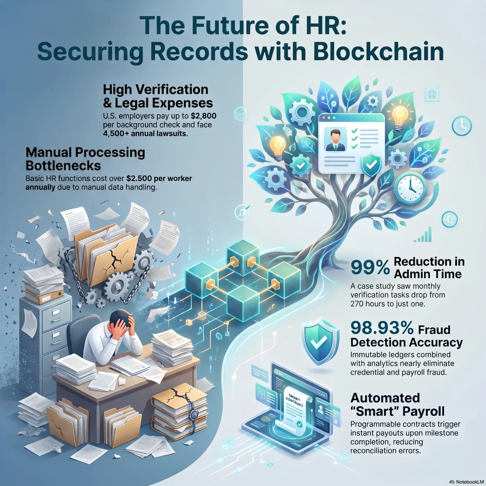 SmartKeys Infographic titled 'The Future of HR: Securing Records with Blockchain' demonstrating how blockchain technology streamlines employee background checks, automates smart payroll, and reduces administrative overhead in human resources