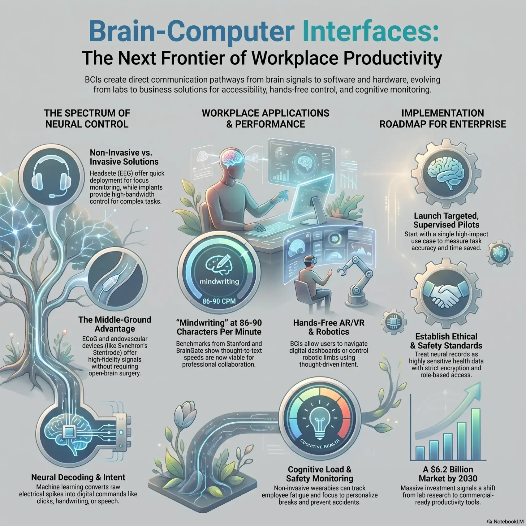Infographic about Brain-Computer Interfaces (BCIs) for workplace productivity, detailing neural control solutions, enterprise implementation roadmaps, and the projected BCI market growth by 2030.