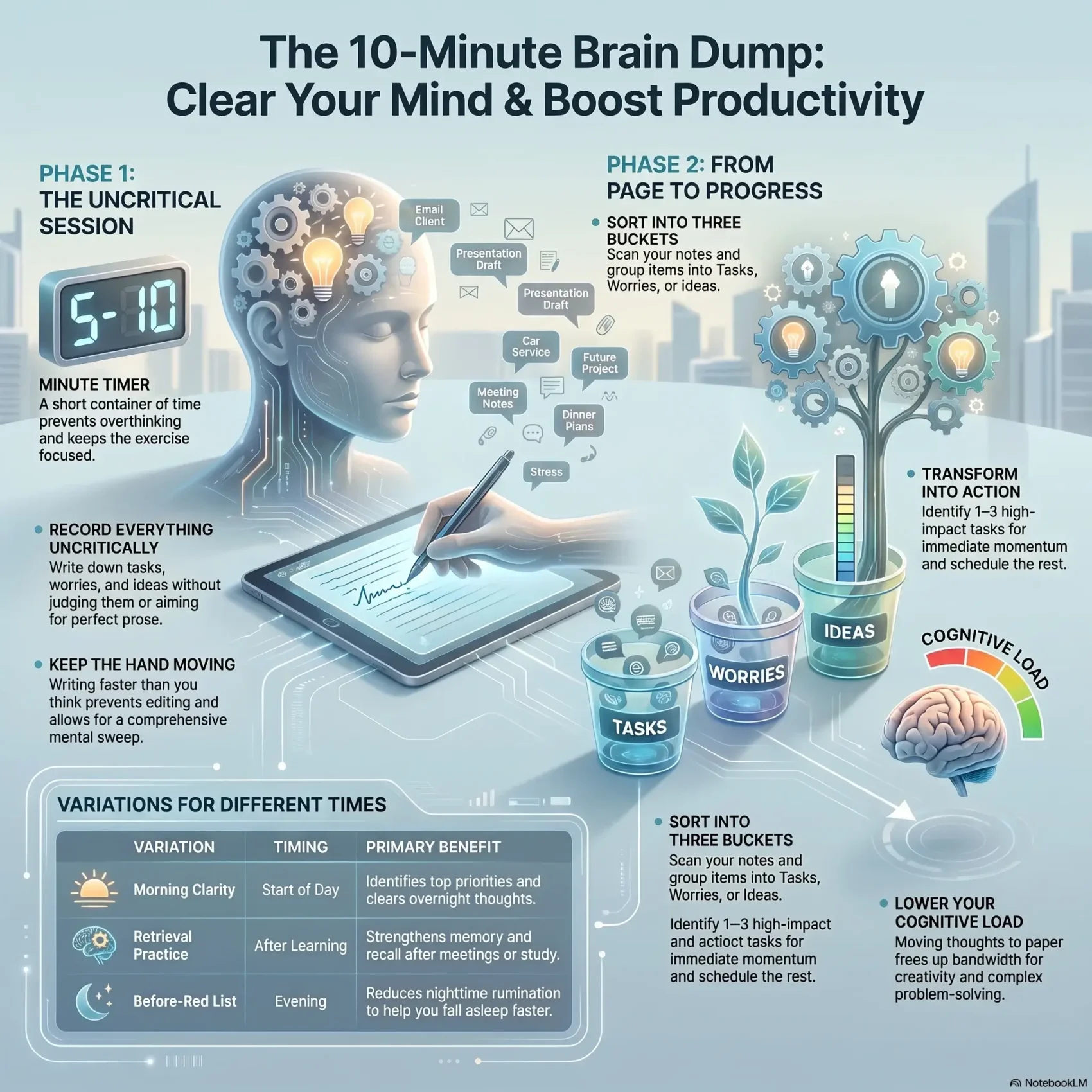 Infographic outlining "The 10-Minute Brain Dump" technique to clear your mind and boost productivity, showing steps to record thoughts uncritically and sort them into tasks, worries, and ideas.