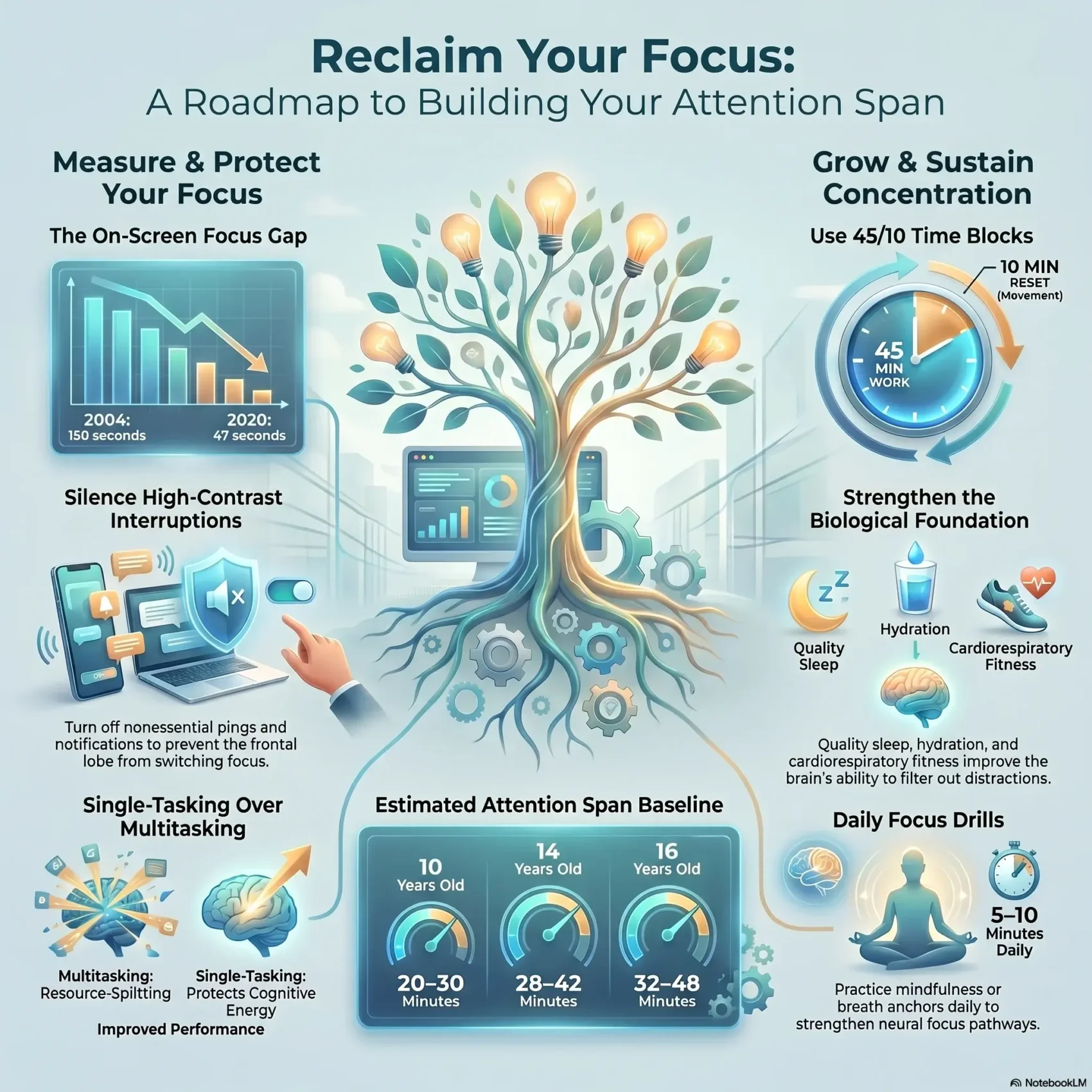 An infographic titled 'Reclaim Your Focus: A Roadmap to Building Your Attention Span' illustrating workplace productivity techniques, deep work strategies, single-tasking benefits, and estimated attention span baselines.