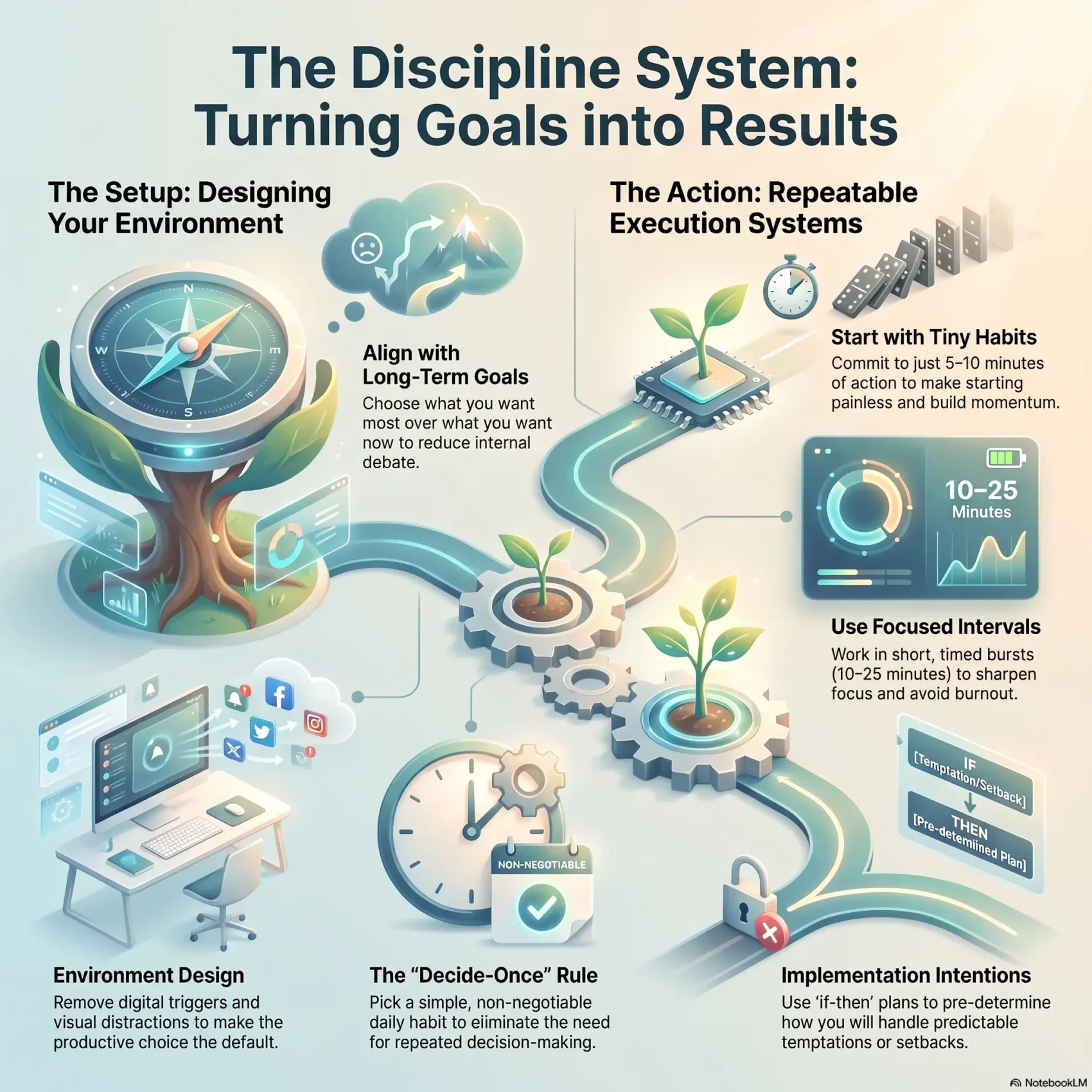 Infographic detailing "The Discipline System: Turning Goals into Results" with practical tips on environment design, building tiny habits, and using focused intervals to strengthen self-discipline.