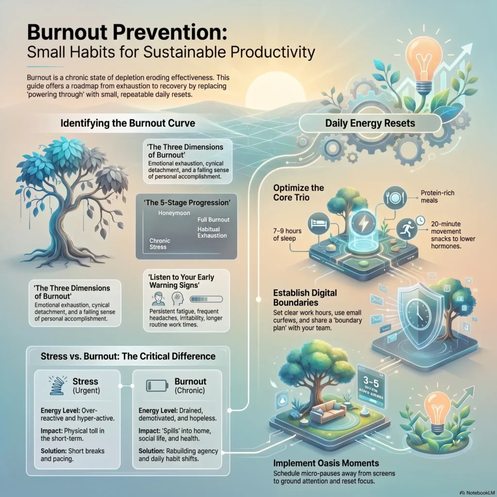 SmartKeys Infographic titled 'Burnout Prevention: Small Habits for Sustainable Productivity' detailing the stages of burnout, the key differences between stress and burnout, and daily habits for digital boundaries and energy resets