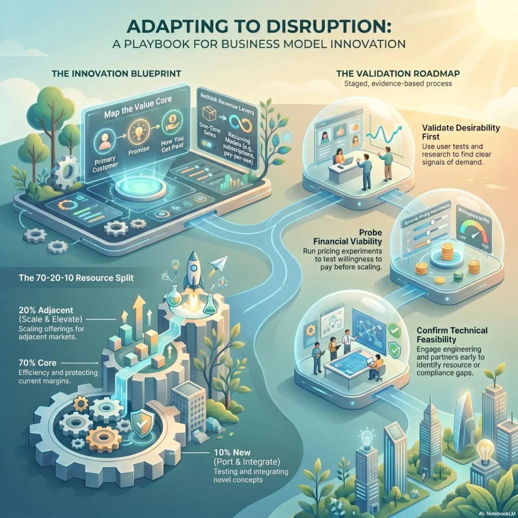 An infographic titled "Adapting to Disruption: A Playbook for Business Model Innovation" detailing the innovation blueprint and validation roadmap. It illustrates the 70-20-10 resource split with core, adjacent, and new markets alongside stages to validate desirability, financial viability, and technical feasibility.
