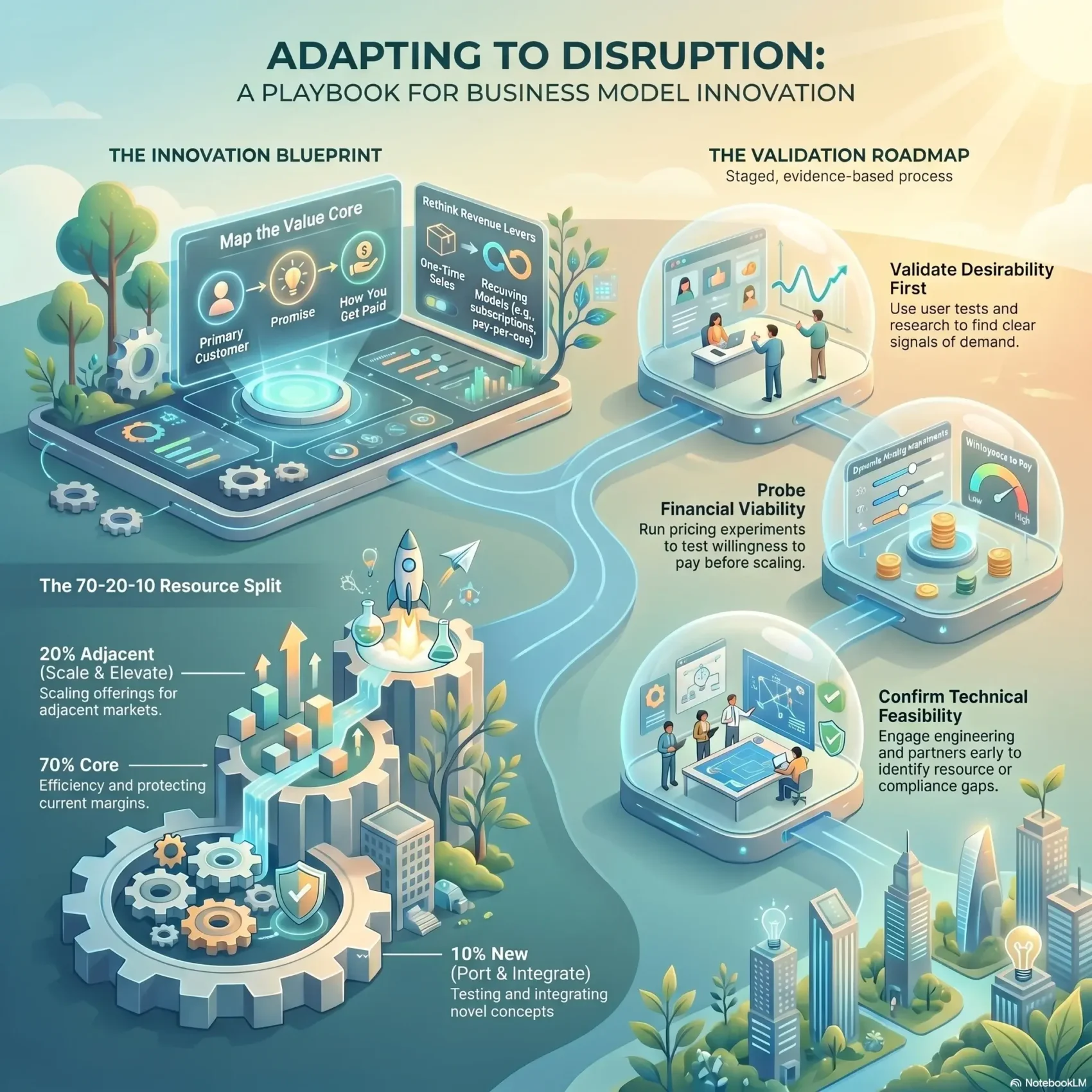 An infographic titled "Adapting to Disruption: A Playbook for Business Model Innovation" detailing the innovation blueprint and validation roadmap. It illustrates the 70-20-10 resource split with core, adjacent, and new markets alongside stages to validate desirability, financial viability, and technical feasibility.