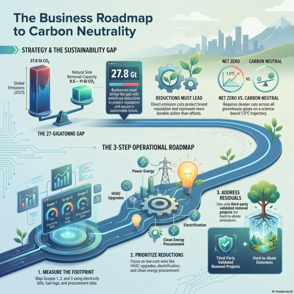 Infographic presenting "The Business Roadmap to Carbon Neutrality" with a 3-step operational strategy to measure footprints, prioritize emission reductions, and address residuals for sustainable business practices.