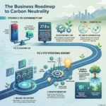 Carbon Neutrality Goals: Roadmap to Sustainable Operations Infographic presenting "The Business Roadmap to Carbon Neutrality" with a 3-step operational strategy to measure footprints, prioritize emission reductions, and address residuals for sustainable business practices.