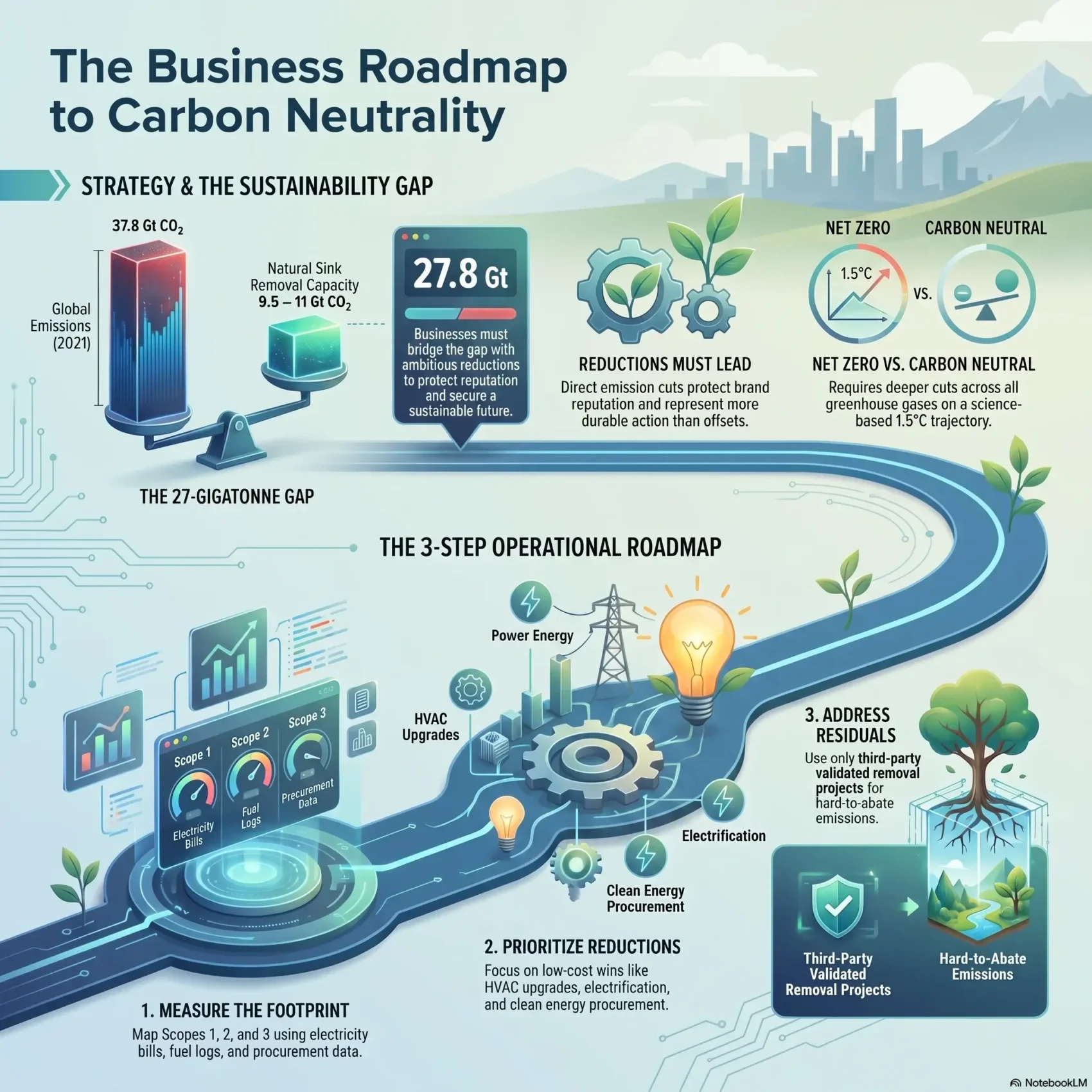 Infographic presenting "The Business Roadmap to Carbon Neutrality" with a 3-step operational strategy to measure footprints, prioritize emission reductions, and address residuals for sustainable business practices.