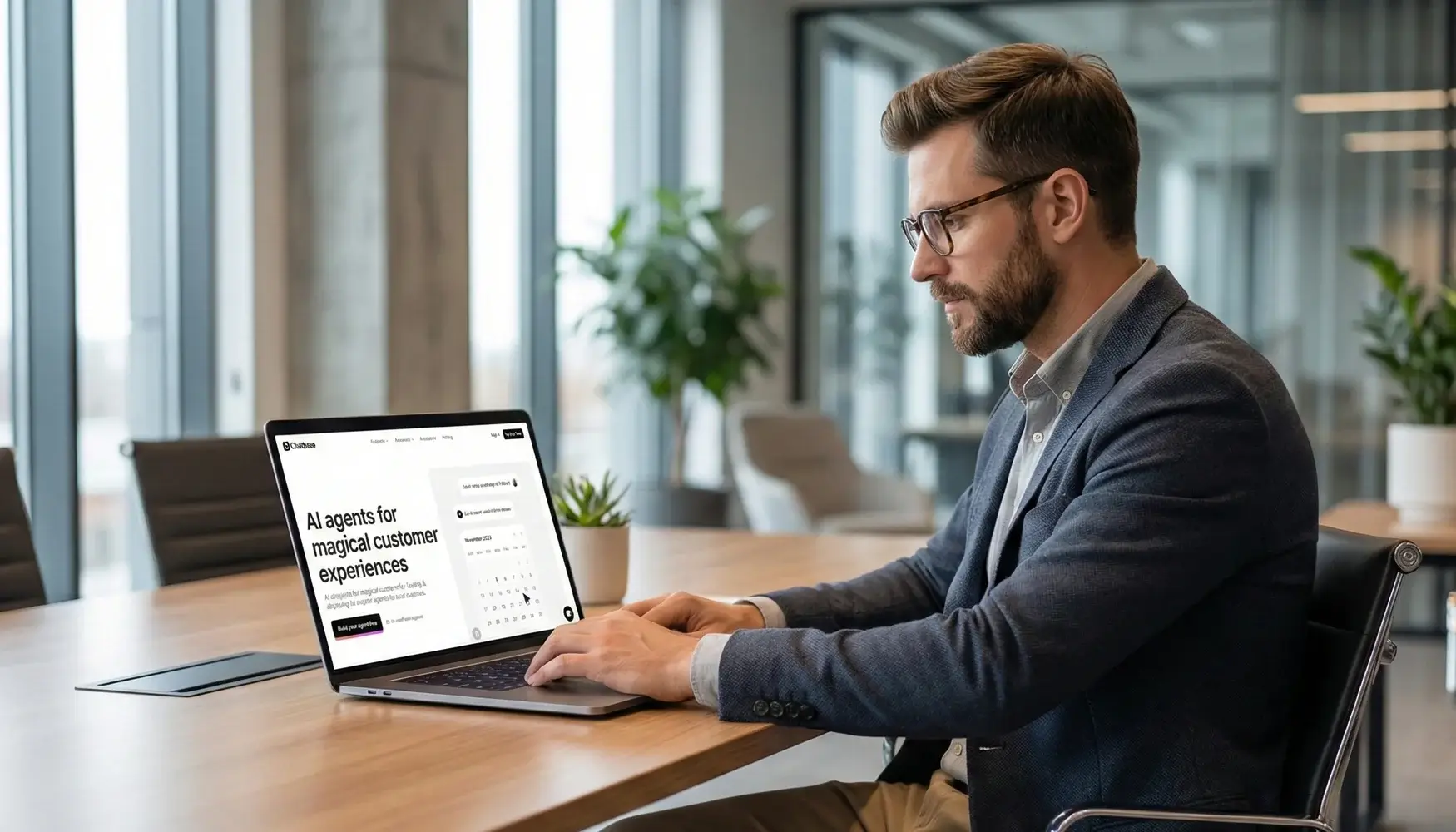 Professional using Chatbase AI dashboard on a laptop to build customer support agents in a modern office setting.