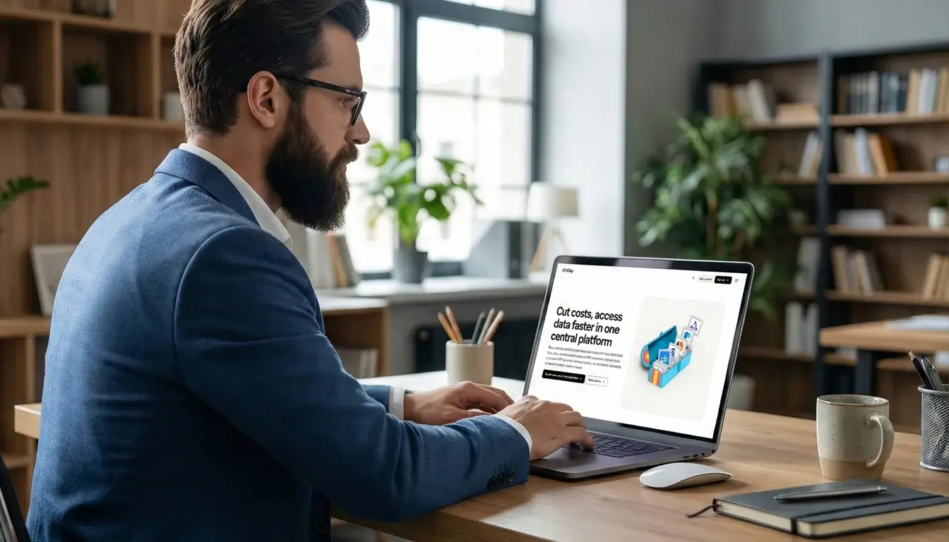 A professional user navigating the Clay AI interface on a laptop to access data enrichment features.