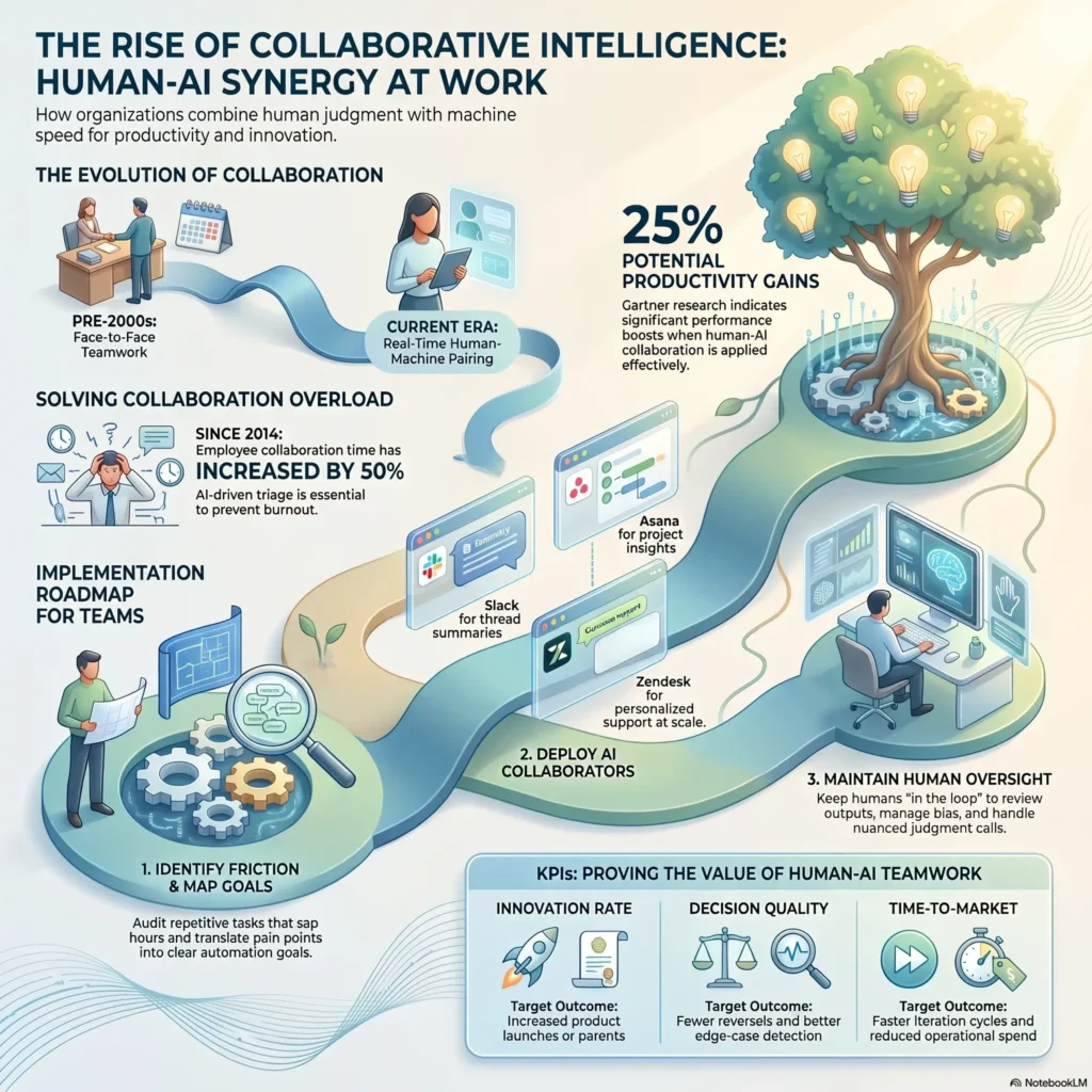 Infographic illustrating Collaborative Intelligence and human-AI synergy at work, showing productivity gains, software integration for teams, and roadmaps for human oversight.