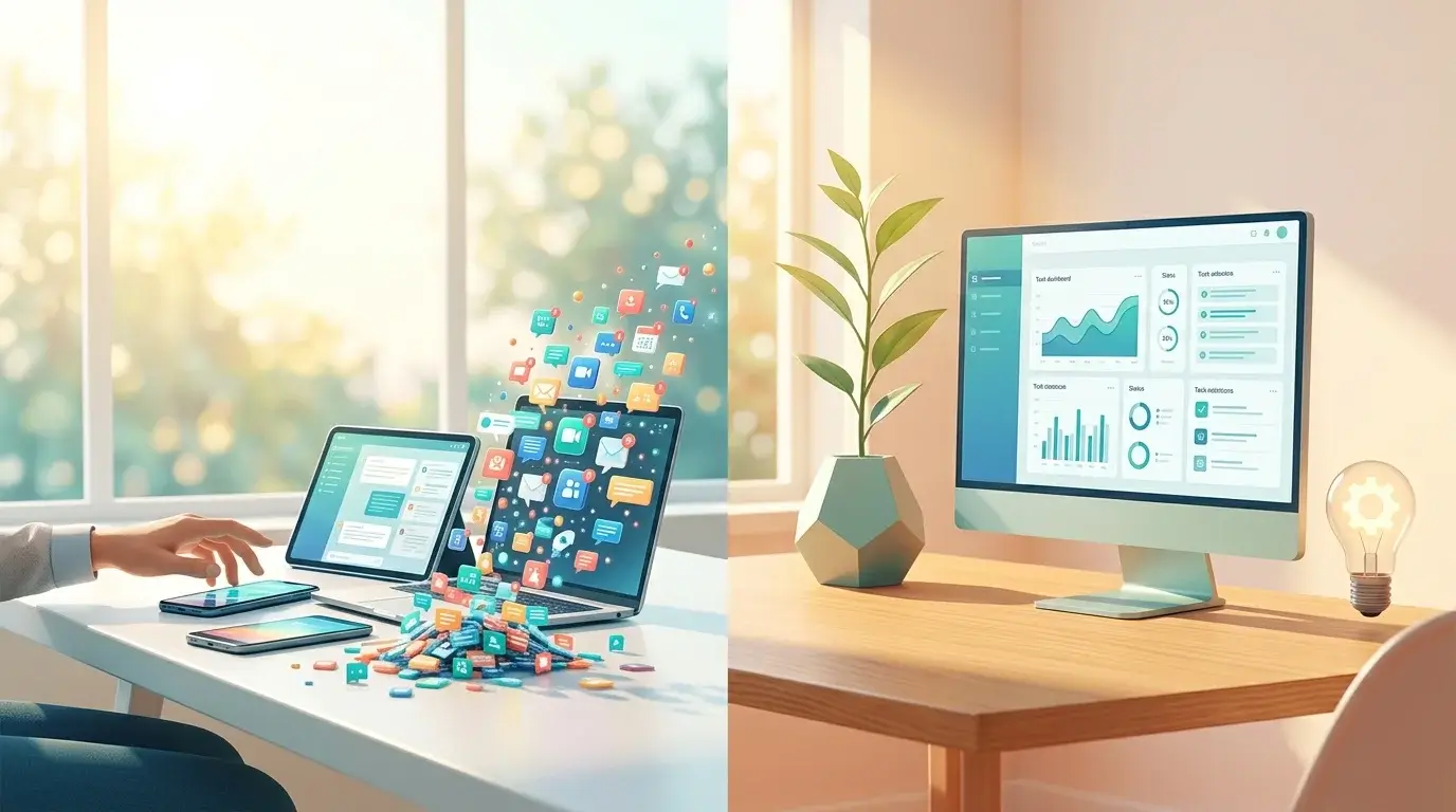 Comparison of a cluttered desk overflowing with digital notifications versus an organized, minimal workspace promoting focus and productivity