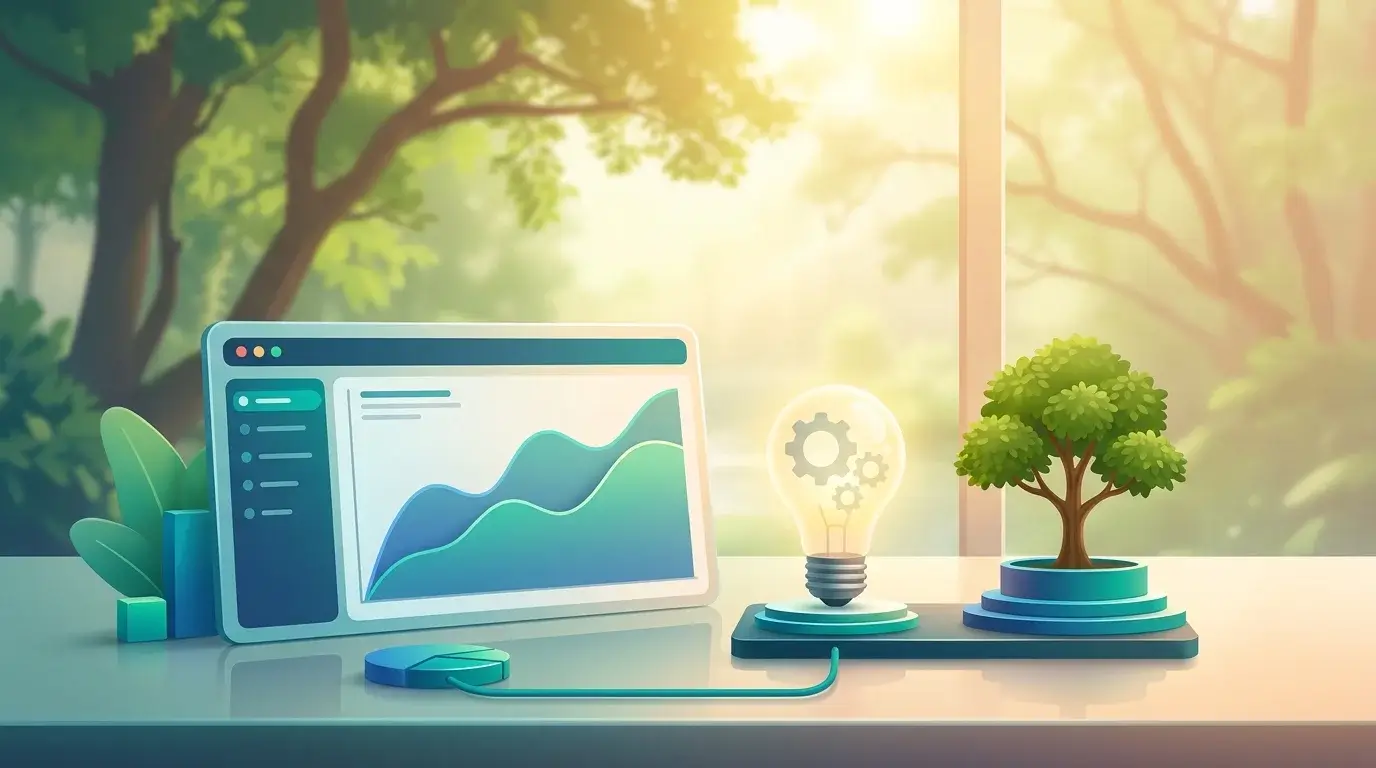 Minimalist desk setup with a computer screen showing productivity analytics, a glowing idea lightbulb, and a small potted tree by a window