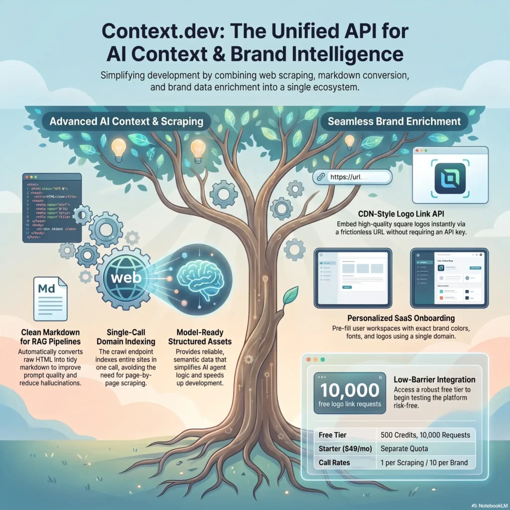 SmartKeys Infographic detailing Context.dev unified API features for AI context, web scraping, clean markdown conversion, single-call domain indexing, and logo enrichment.