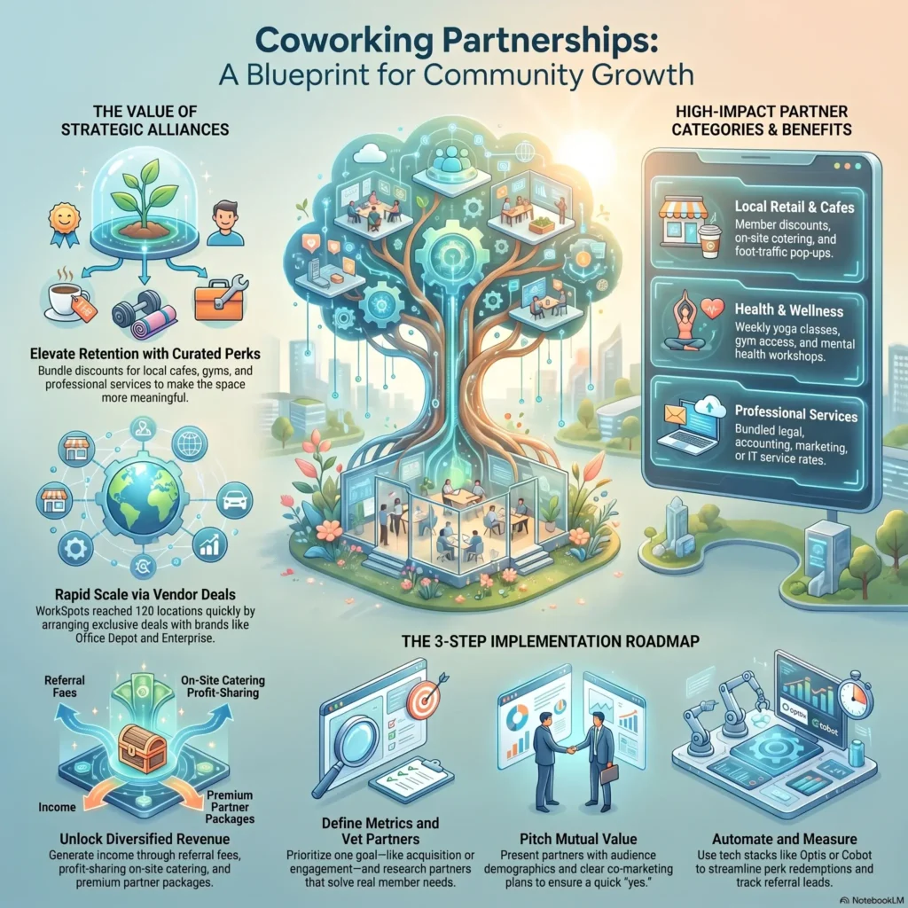 SmartKeys Infographic titled 'Coworking Partnerships: A Blueprint for Community Growth' mapping out strategic business alliances, curated member perks, diversified revenue models, and a 3-step implementation roadmap for coworking spaces