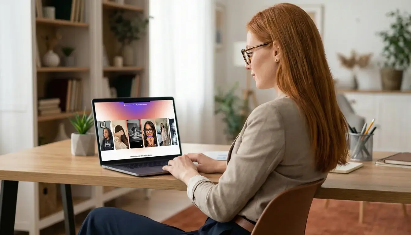 Woman using Creatify AI software interface on a laptop to create social media video ads in a home office.