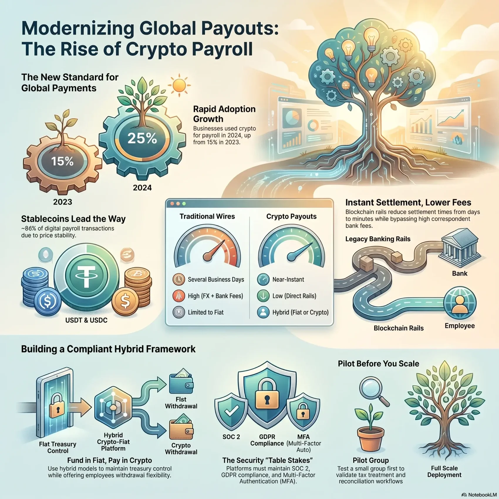 Infographic on modernizing global payouts via crypto payroll for remote workers, comparing traditional bank wires to blockchain rails and showcasing stablecoin adoption frameworks.