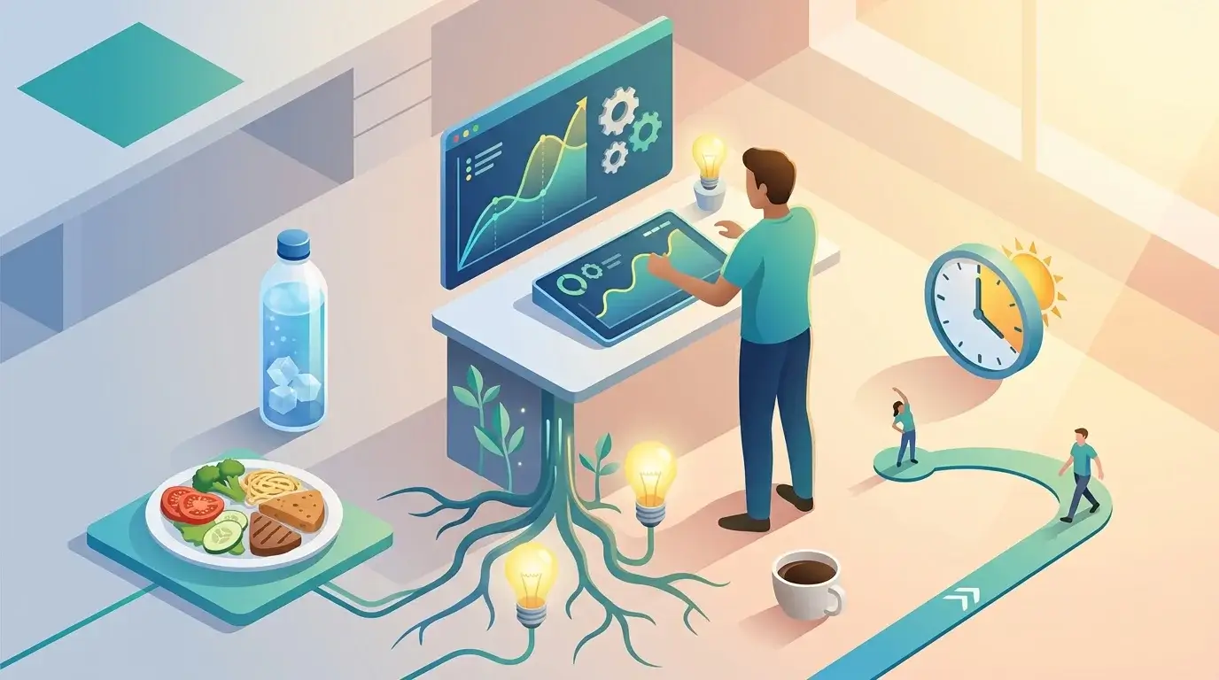 Isometric infographic illustrating daily habits to overcome the afternoon energy slump, featuring balanced meals, hydration, standing desk workflow, and movement breaks.