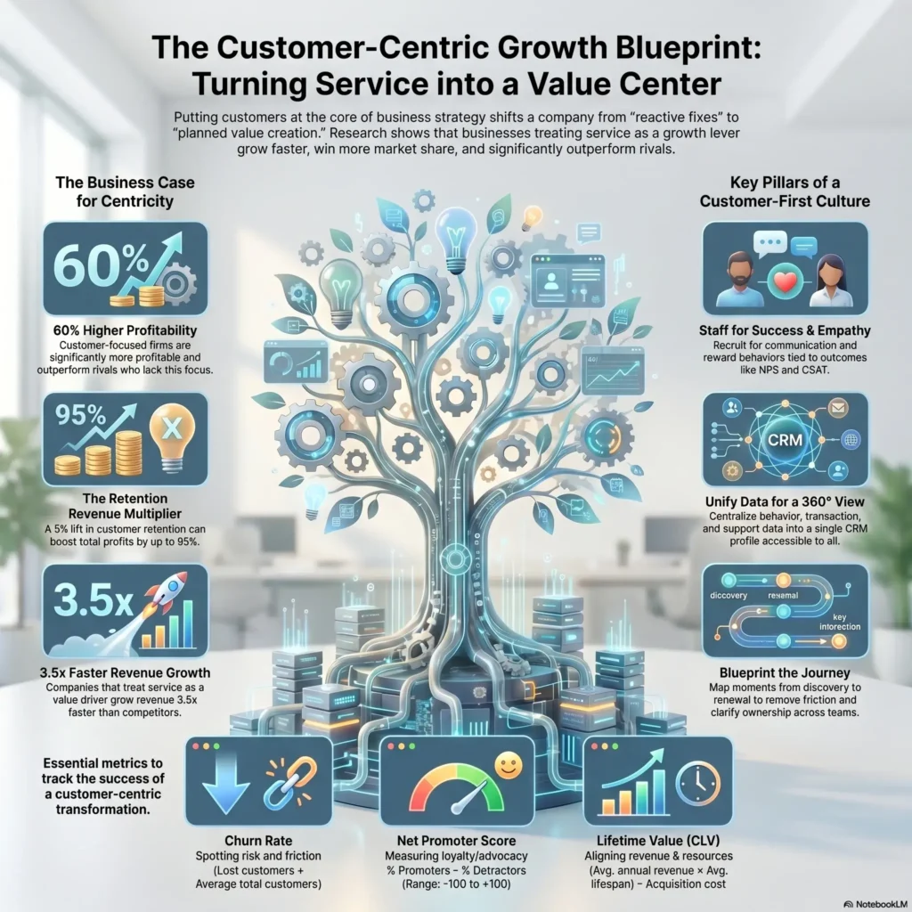 Infographic detailing the customer-centric growth blueprint, outlining the business case for client-centricity, key pillars of a customer-first culture, and essential metrics like Churn Rate, NPS, and CLV.