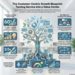 Infographic detailing the customer-centric growth blueprint, outlining the business case for client-centricity, key pillars of a customer-first culture, and essential metrics like Churn Rate, NPS, and CLV.