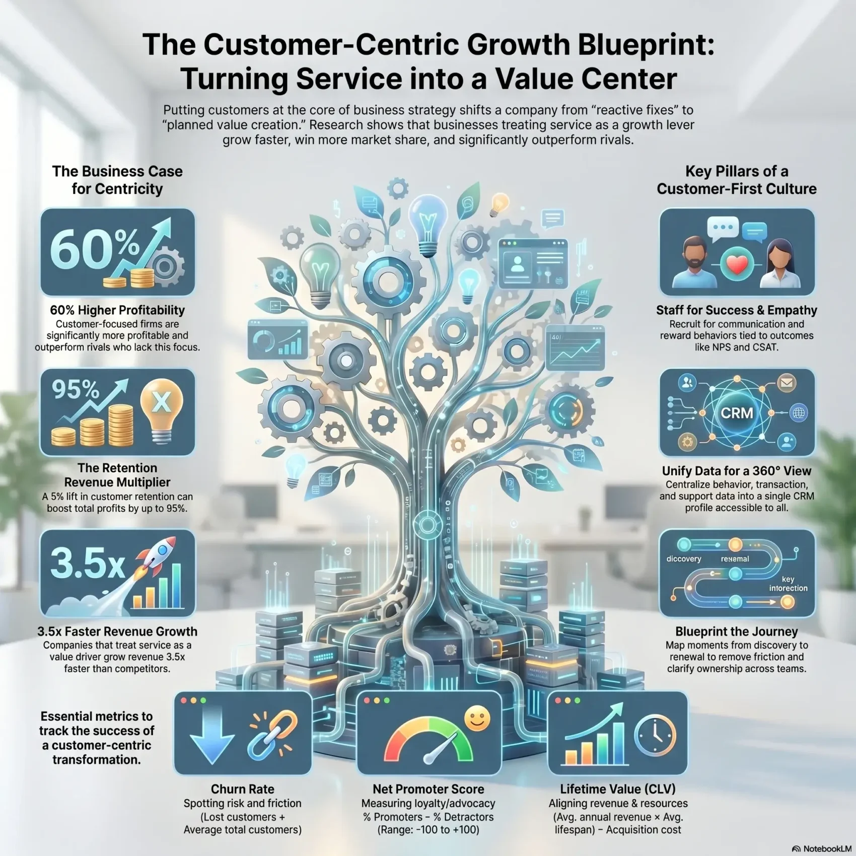 Infographic detailing the customer-centric growth blueprint, outlining the business case for client-centricity, key pillars of a customer-first culture, and essential metrics like Churn Rate, NPS, and CLV.