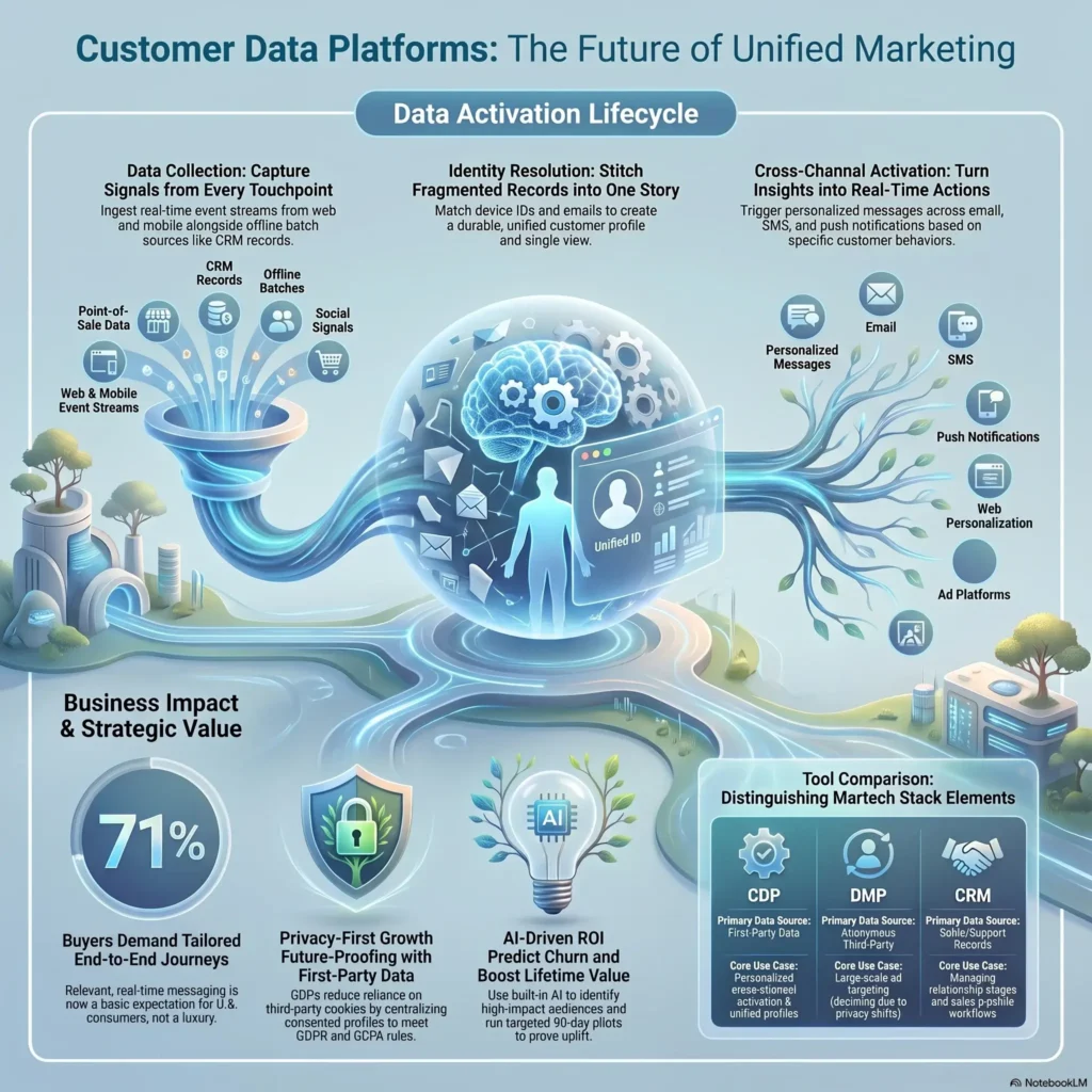 Infographic explaining Customer Data Platforms (CDPs) for unified marketing, highlighting the data activation lifecycle, AI-driven ROI, and a comparison between CDP, DMP, and CRM stacks.