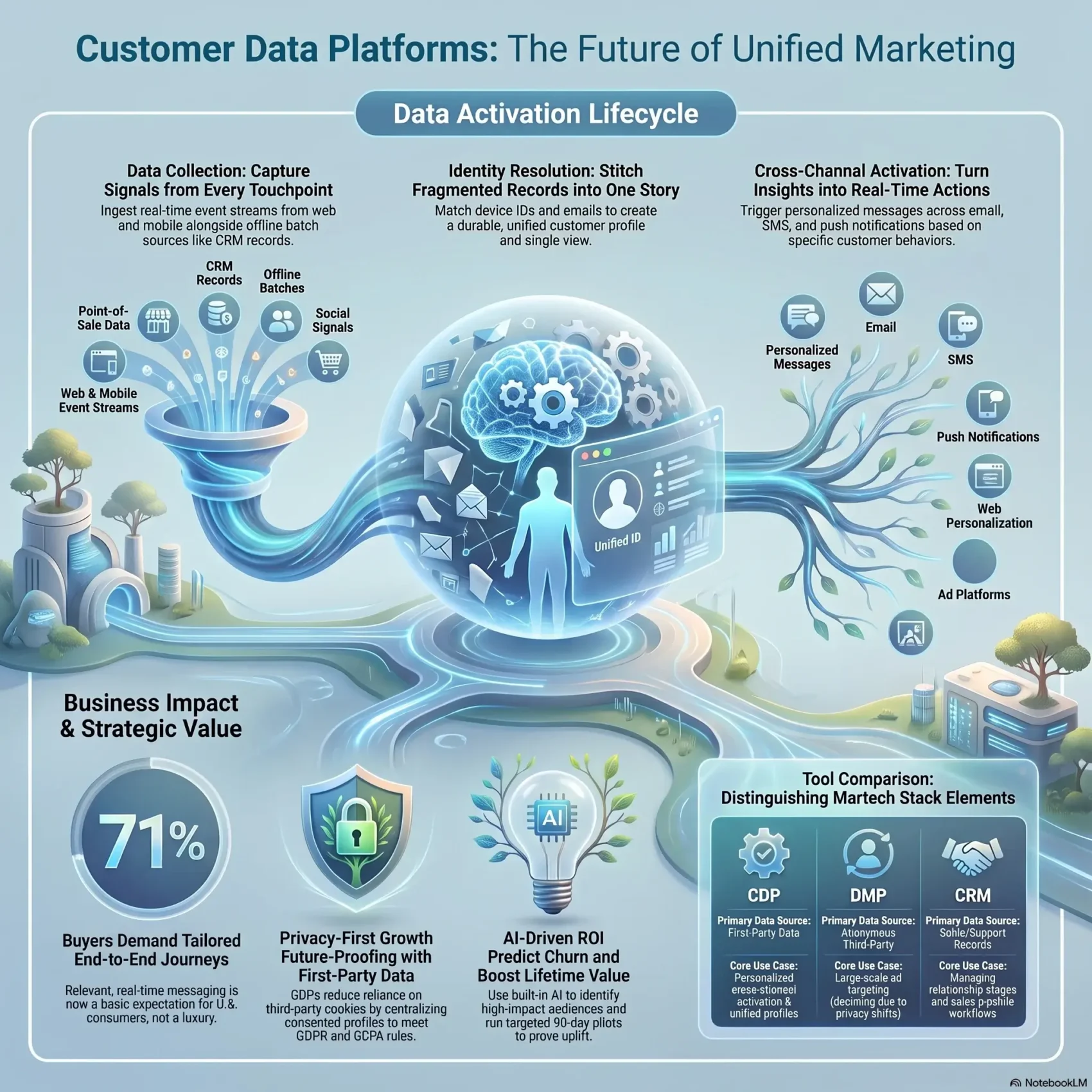 Infographic explaining Customer Data Platforms (CDPs) for unified marketing, highlighting the data activation lifecycle, AI-driven ROI, and a comparison between CDP, DMP, and CRM stacks.