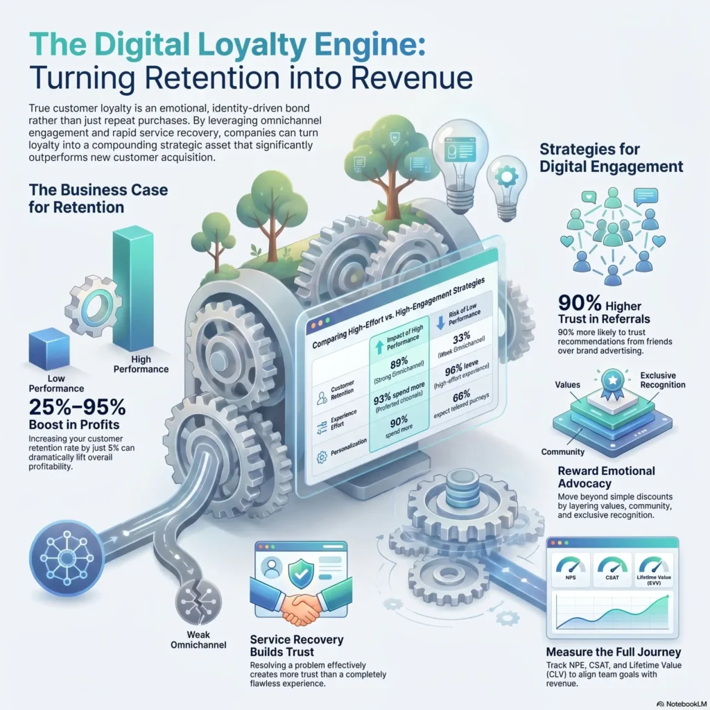 Infographic detailing the digital loyalty engine and customer retention strategies, comparing high-effort versus high-engagement frameworks to turn retention into revenue.