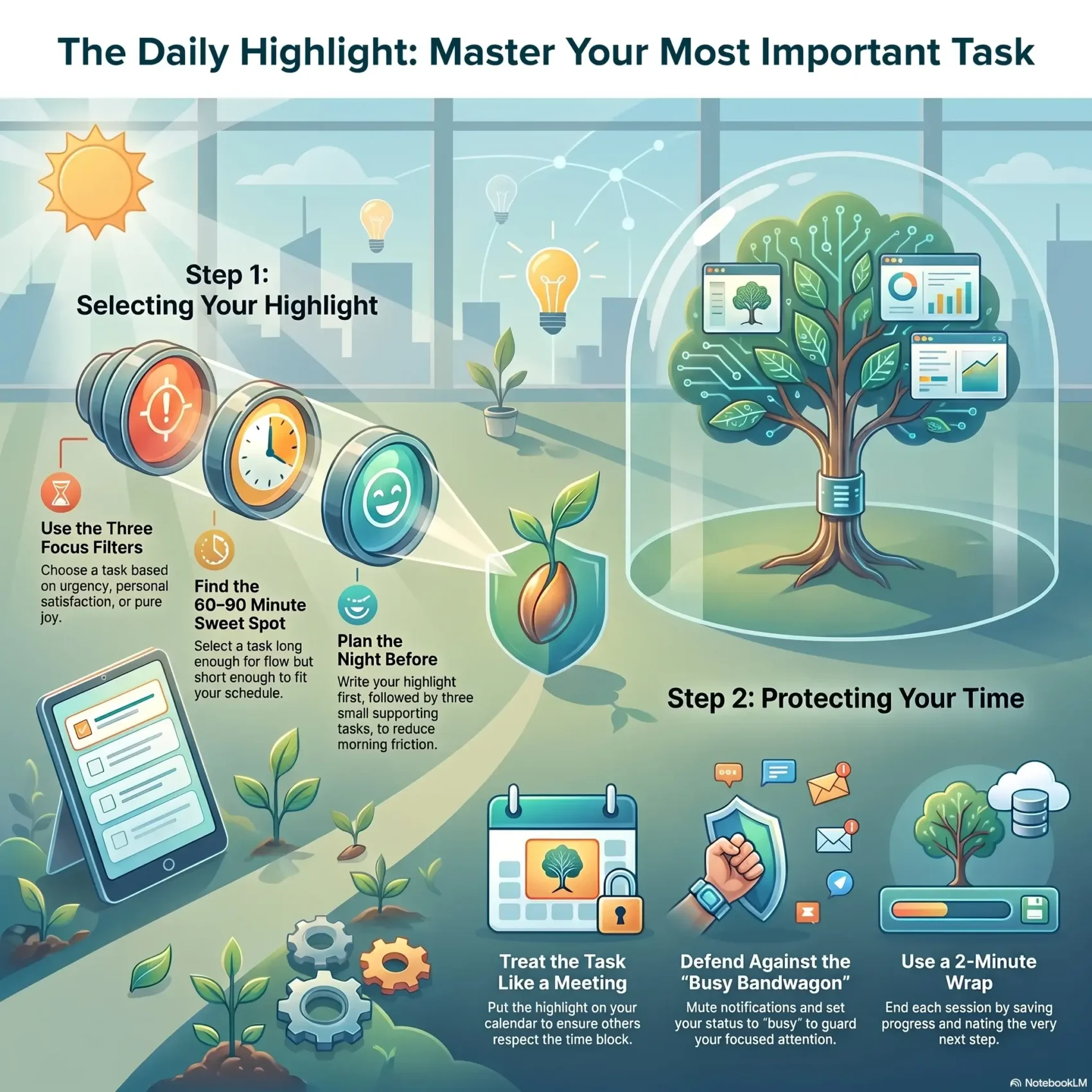 SmartKeys Infographic titled 'The Daily Highlight: Master Your Most Important Task' outlining a two-step productivity framework for choosing a high-priority daily task and protecting focused work time from distractions