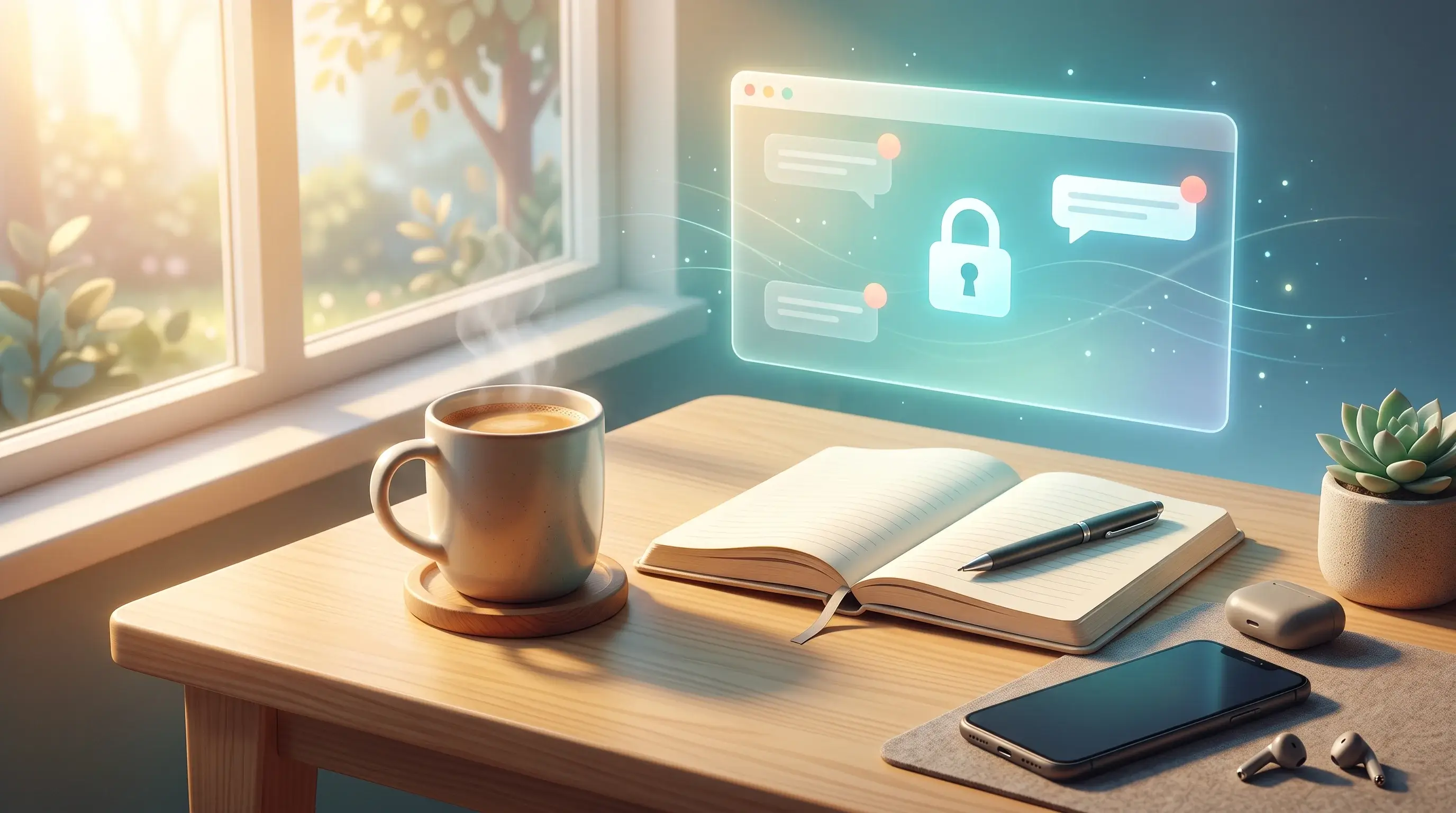 Semi-realistic 3D visualization of a serene morning workspace with a closed smartphone, an open journal and pen, and a subtle glowing locked inbox interface, illustrating the strategic morning routine of delaying email check and practicing mindfulness.