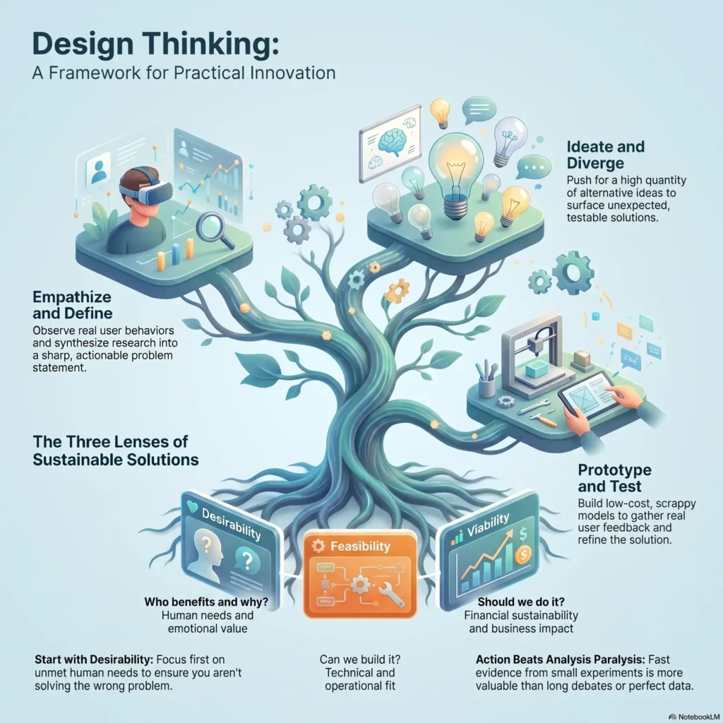 SmartKeys Infographic titled 'Design Thinking: A Framework for Practical Innovation' displaying the core stages of practical innovation and the three lenses of sustainable solutions: desirability, feasibility, and viability