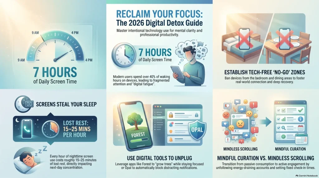 Comprehensive 2026 digital detox infographic outlining strategies to reclaim focus, featuring daily screen time statistics, tech-free zones, sleep impact, and productivity focus apps.
