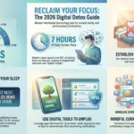 Creating a Digital Detox Routine for Improved Focus Comprehensive 2026 digital detox infographic outlining strategies to reclaim focus, featuring daily screen time statistics, tech-free zones, sleep impact, and productivity focus apps.