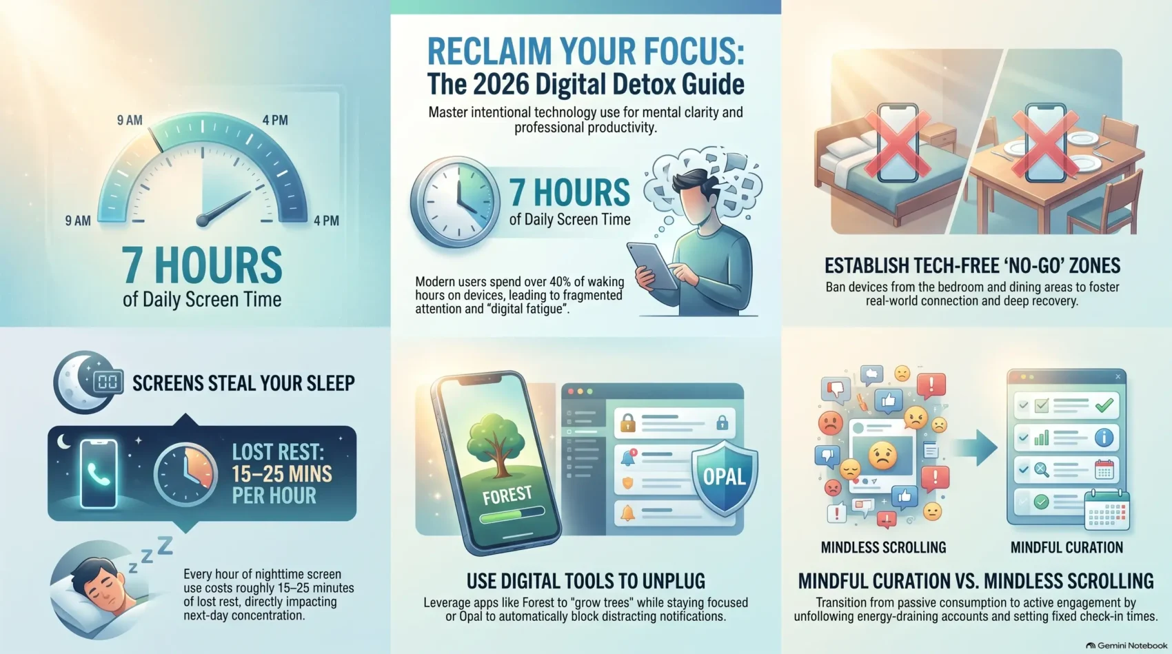 Comprehensive 2026 digital detox infographic outlining strategies to reclaim focus, featuring daily screen time statistics, tech-free zones, sleep impact, and productivity focus apps.