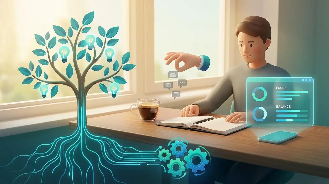 3D concept illustration of a professional practicing digital detox and mindful work, balancing digital notifications with deep focus, productivity metrics, and creative growth.