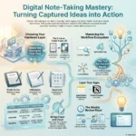 Digital Note-Taking Mastery: Tips to Organize and Recall Information Easily An infographic titled 'Digital Note-Taking Mastery: Turning Captured Ideas into Action' comparing e-ink devices like Kindle Scribe, reMarkable, and Supernote, alongside a workflow for instant information recall.