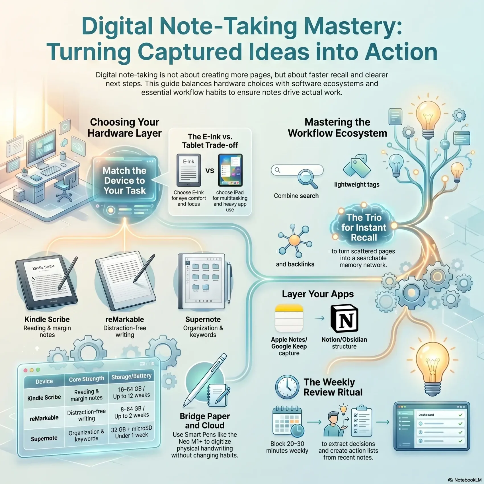 An infographic titled 'Digital Note-Taking Mastery: Turning Captured Ideas into Action' comparing e-ink devices like Kindle Scribe, reMarkable, and Supernote, alongside a workflow for instant information recall.