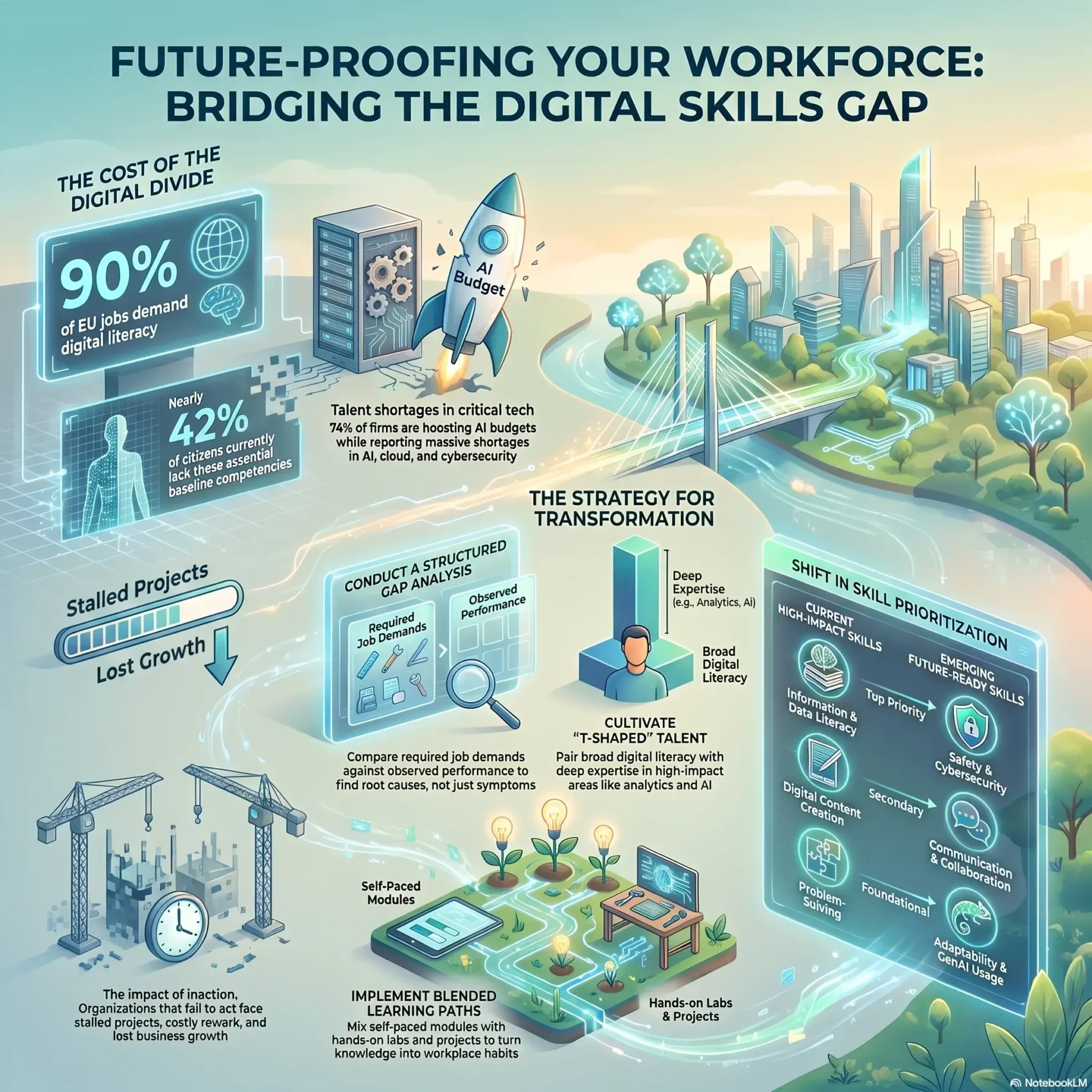 Infographic about bridging the digital skills gap and future-proofing workforces, featuring structured gap analysis, blended learning paths, and emerging tech skill prioritization.