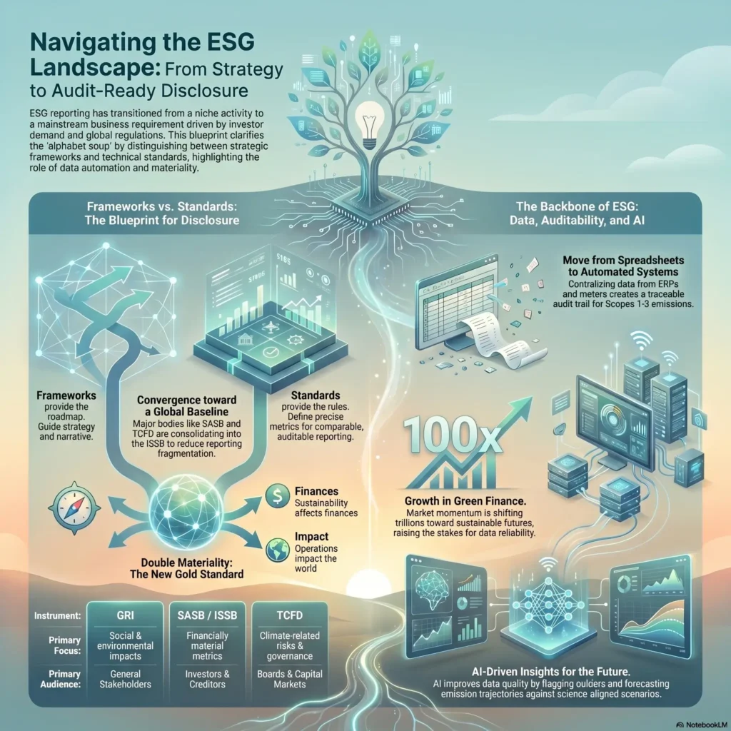 An infographic titled 'Navigating the ESG Landscape: From Strategy to Audit-Ready Disclosure' detailing sustainability frameworks like GRI, SASB, ISSB, and TCFD with insights on AI-driven data automation.