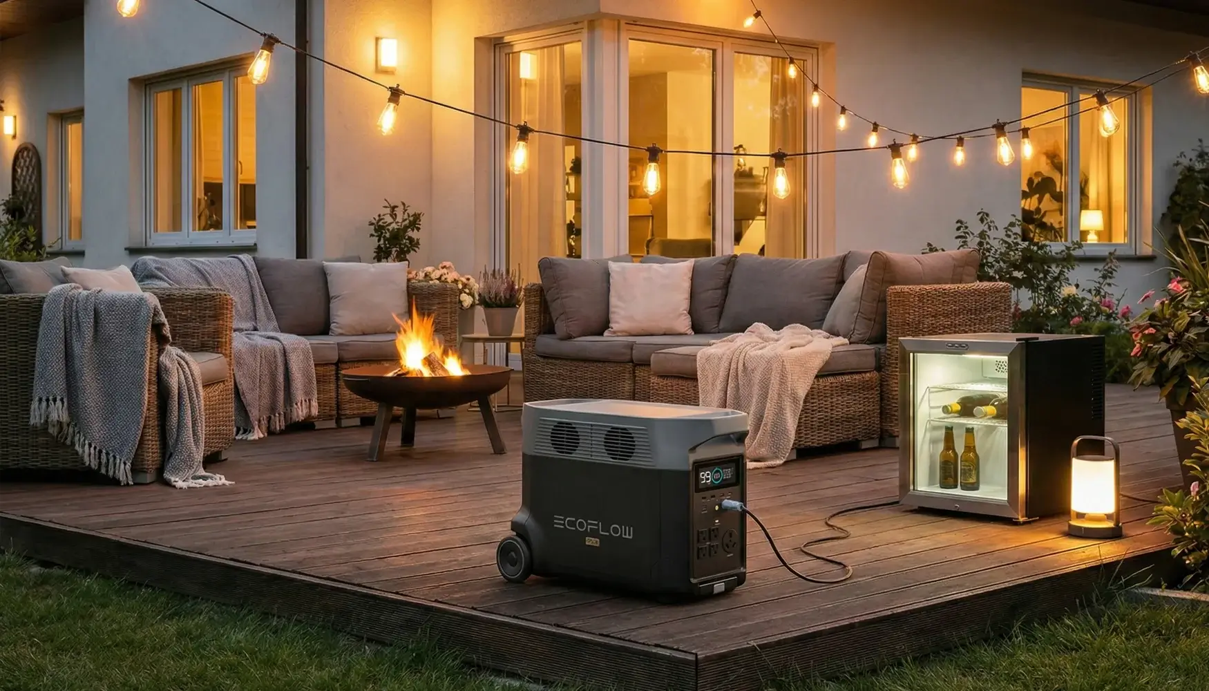 EcoFlow DELTA Pro portable power station powering garden lights and a mini fridge on a terrace, demonstrating home backup power capabilities.