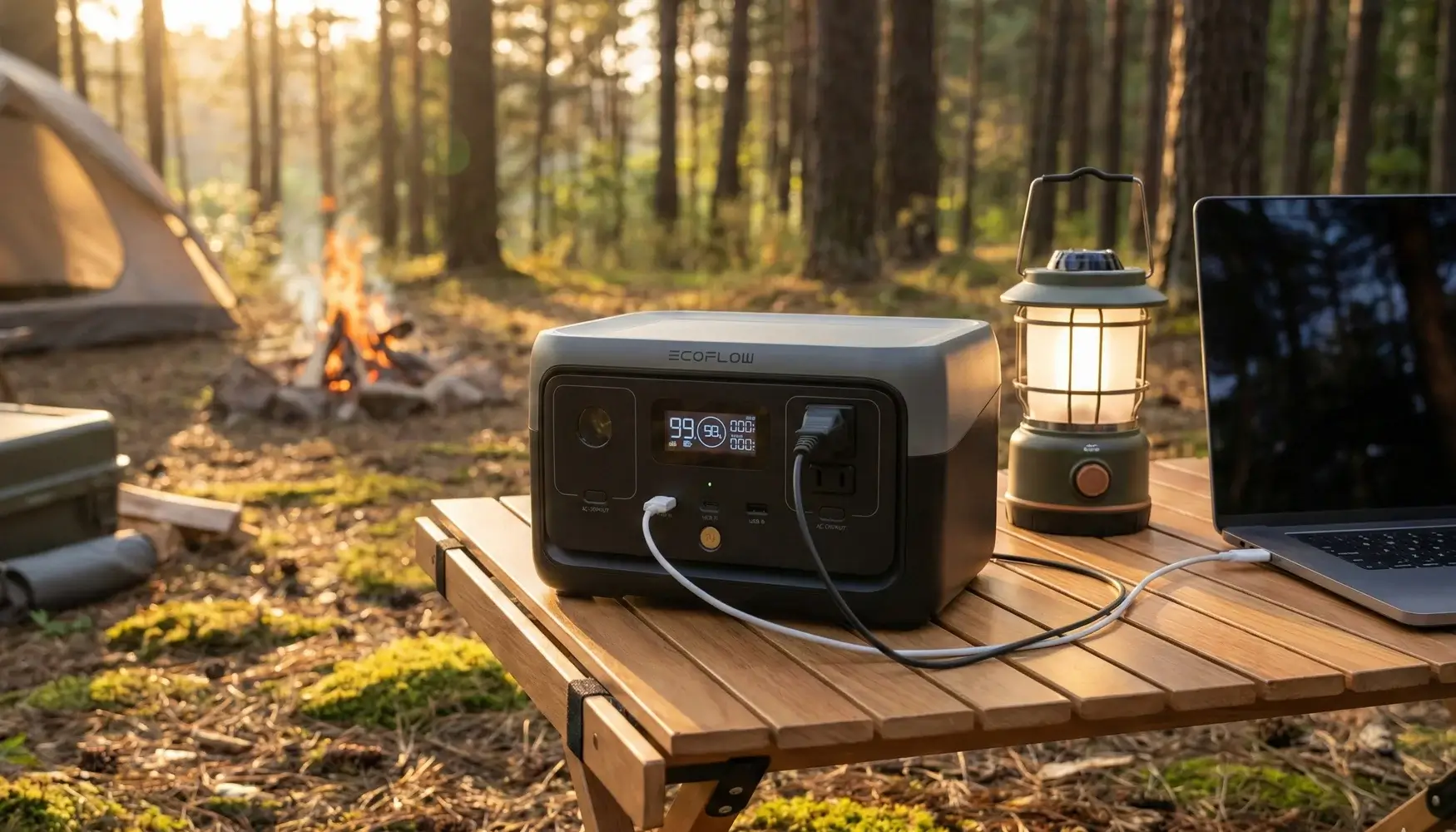 EcoFlow RIVER Series power station powering a laptop and camping lantern in a forest, illustrating a remote work setup for digital nomads and camping.