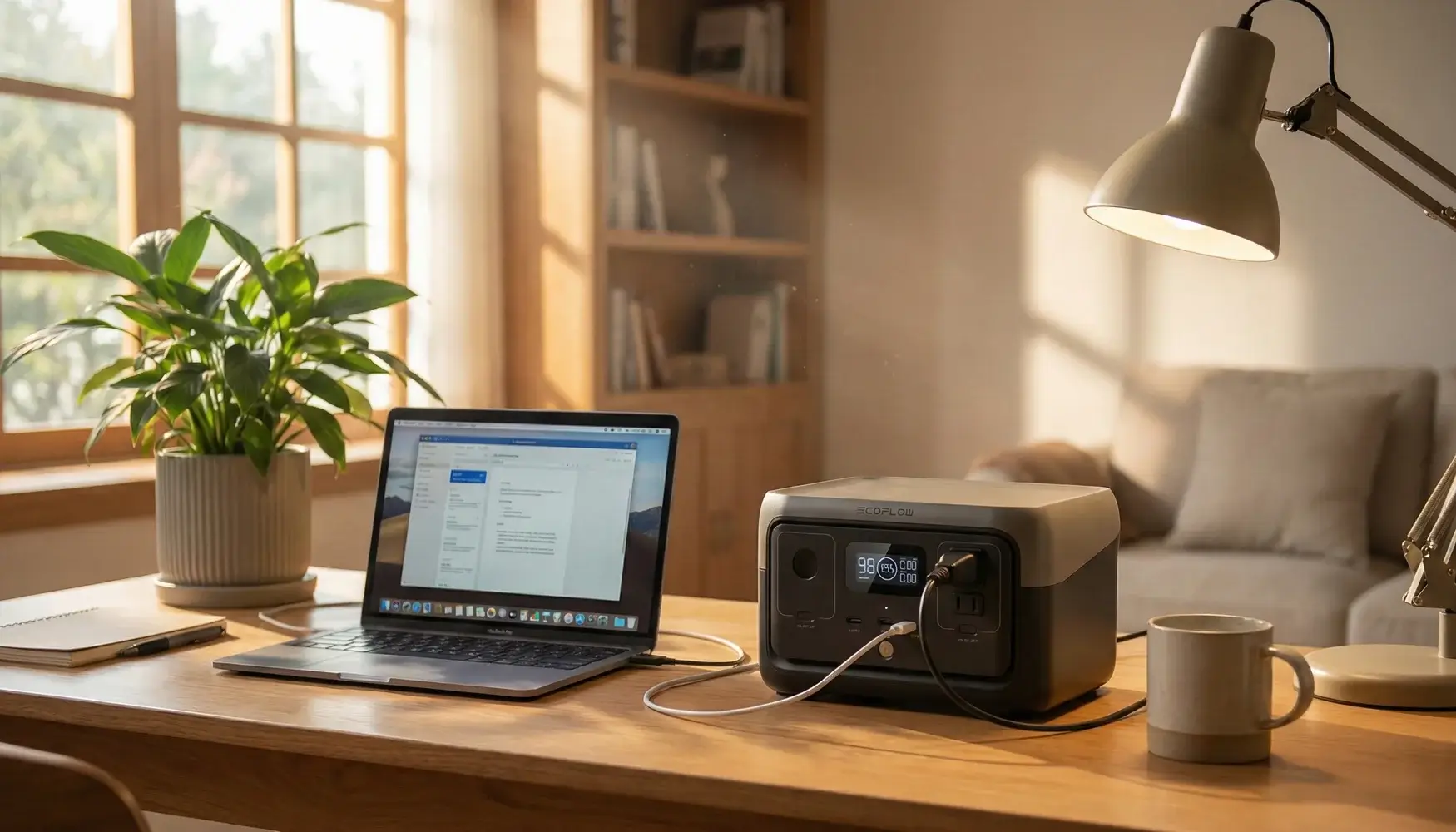 EcoFlow RIVER Series portable power station sitting on a desk in a home office, charging a laptop and powering a desk lamp via USB-C and AC ports.