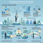 SmartKeys infographic on the Employee Advocacy Advantage, highlighting statistics like 8x higher engagement, 561% greater reach, average follower counts across LinkedIn, Facebook, and X, and strategies for building an advocacy program