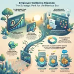 Employee Wellbeing Stipends: A New Perk for the Remote Era An infographic about "Employee Wellbeing Stipends" showcasing the strategic business case for wellness and its implementation. It features statistics on staff retention and engagement, alongside benchmarking data from companies like Microsoft, EY, and Salesforce.