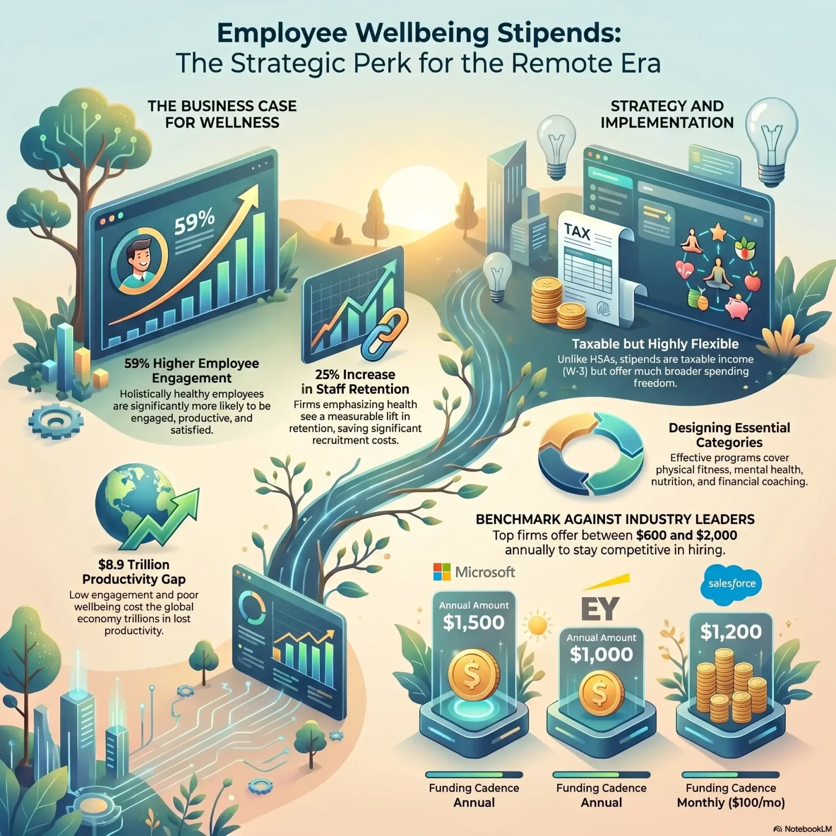 An infographic about "Employee Wellbeing Stipends" showcasing the strategic business case for wellness and its implementation. It features statistics on staff retention and engagement, alongside benchmarking data from companies like Microsoft, EY, and Salesforce.