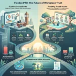 Flexible PTO Policy: Pros and Cons of Unlimited Vacation for Employees Infographic comparing traditional PTO accrual banks with a flexible or unlimited PTO policy, highlighting the reduction in employee burnout, cultural impact, and implementation risks.