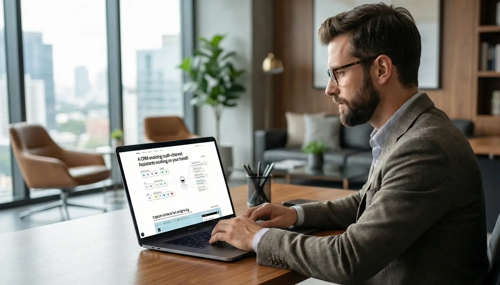 A professional businessman working on a laptop and using the Folk CRM interface, featured in a comprehensive Folk review.