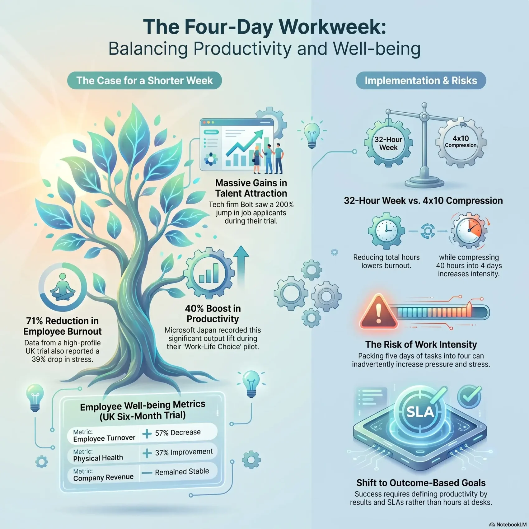 Infographic evaluating the four-day workweek, balancing productivity and employee well-being while comparing a 32-hour week against a compressed 4x10 schedule and outcome-based goals.