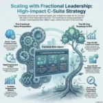 Fractional Executives: How Part-Time Leaders Are Reshaping Leadership Roles An infographic on "Scaling with Fractional Leadership: High-Impact C-Suite Strategy" mapping out the value proposition and a 90-day roadmap to ROI. It outlines primary impact areas for part-time C-Suite roles like CFO, COO, and CMO/CRO.