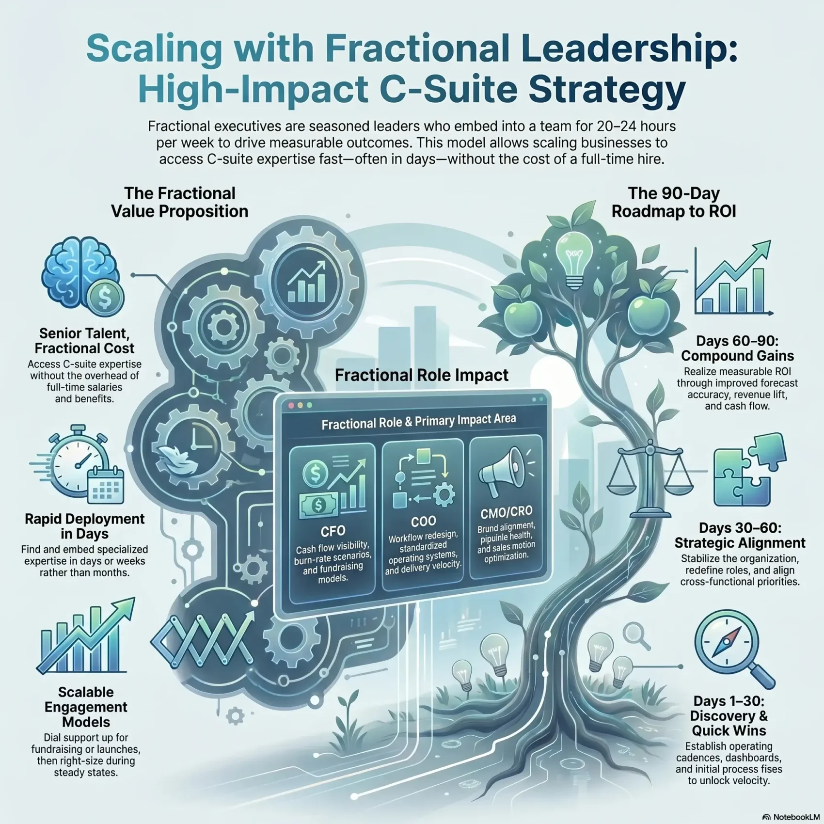 An infographic on "Scaling with Fractional Leadership: High-Impact C-Suite Strategy" mapping out the value proposition and a 90-day roadmap to ROI. It outlines primary impact areas for part-time C-Suite roles like CFO, COO, and CMO/CRO.